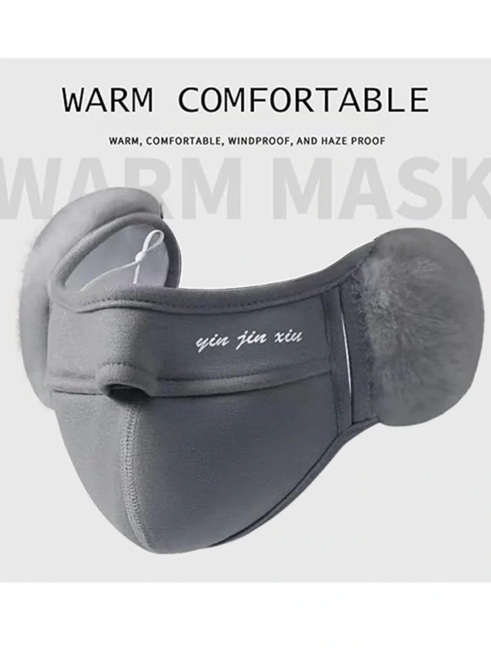 💞 New Gray Fleece Ear Warmer Face Mask with Fur Ear Pads for Winter Sports